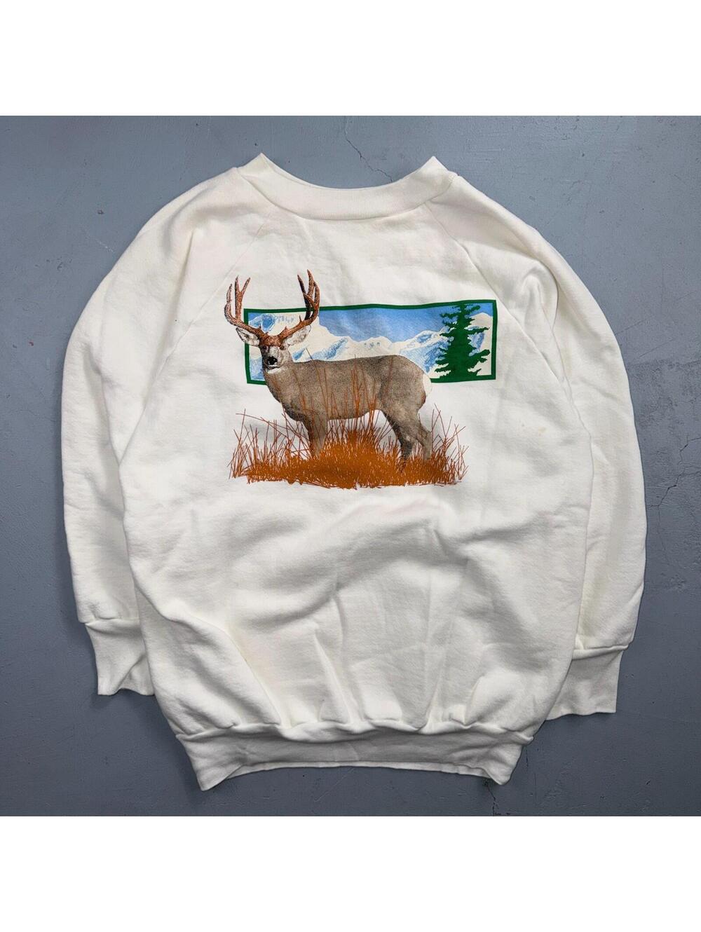 Vintage Deer Elk Wildlife Sweatshirt Mens XL White 80s Crewneck Hunting Animal - Picture 1 of 11